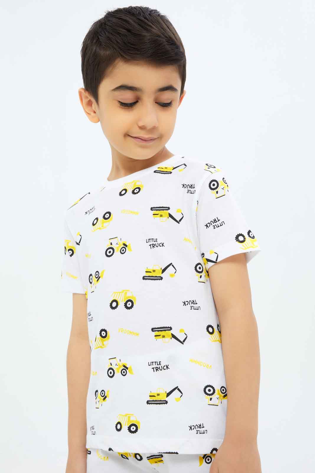 Redtag-Boys-White-Truck-Aop-Pyjama-Set-BOY-Pyjama-Sets,-Category:Pyjama-Sets,-Colour:White,-Deals:New-In,-Dept:Boys,-Filter:Boys-(2-to-8-Yrs),-New-In-BOY-APL,-Non-Sale,-S23A,-Section:Boys-(0-to-14Yrs)-Boys-2 to 8 Years