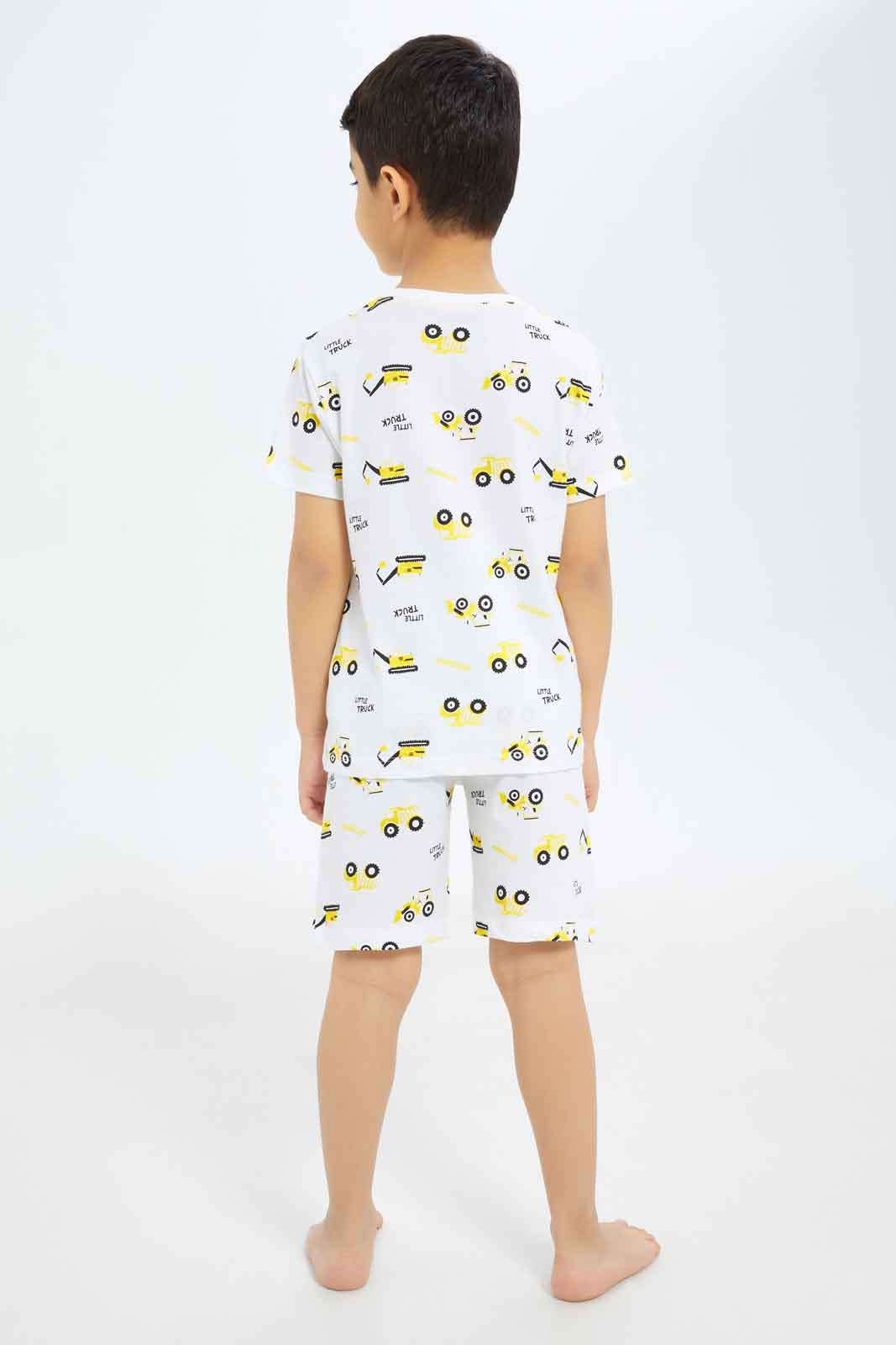 Redtag-Boys-White-Truck-Aop-Pyjama-Set-BOY-Pyjama-Sets,-Category:Pyjama-Sets,-Colour:White,-Deals:New-In,-Dept:Boys,-Filter:Boys-(2-to-8-Yrs),-New-In-BOY-APL,-Non-Sale,-S23A,-Section:Boys-(0-to-14Yrs)-Boys-2 to 8 Years