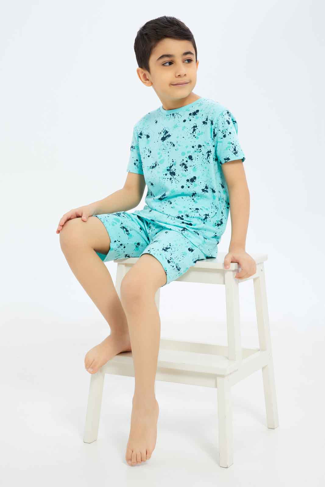 Redtag-Boys-Mint-Splat-Print-Pyjama-Set-BOY-Pyjama-Sets,-Category:Pyjama-Sets,-Colour:Mint,-Deals:New-In,-Dept:Boys,-Filter:Boys-(2-to-8-Yrs),-New-In-BOY-APL,-Non-Sale,-S23A,-Section:Boys-(0-to-14Yrs)-Boys-2 to 8 Years