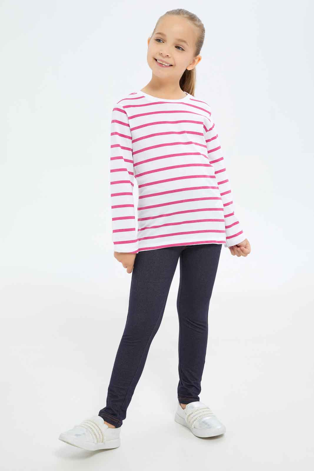 Redtag-Girls-Pink-Stripe-Tee-Category:T-Shirts,-Colour:Apricot,-Deals:New-In,-Dept:Girls,-Filter:Girls-(2-to-8-Yrs),-GIR-T-Shirts,-New-In-GIR-APL,-Non-Sale,-S23A,-Section:Girls-(0-to-14Yrs),-TBL-Girls-2 to 8 Years