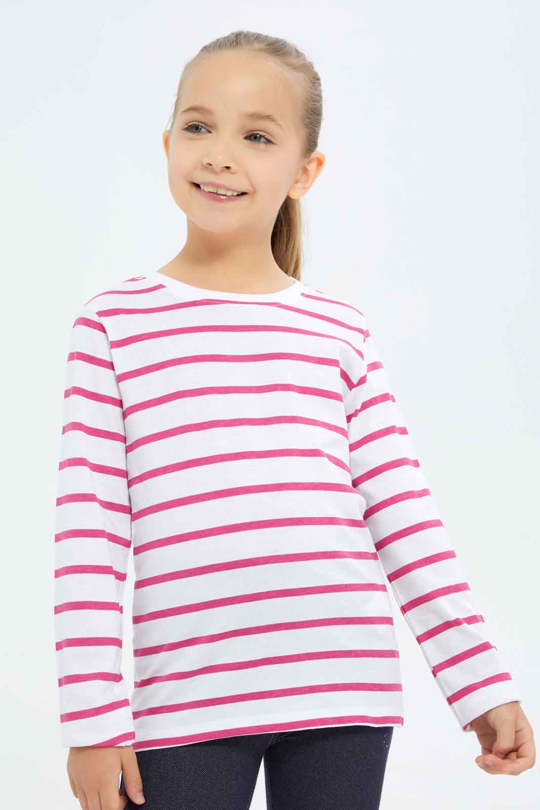 Redtag-Girls-Pink-Stripe-Tee-Category:T-Shirts,-Colour:Apricot,-Deals:New-In,-Dept:Girls,-Filter:Girls-(2-to-8-Yrs),-GIR-T-Shirts,-New-In-GIR-APL,-Non-Sale,-S23A,-Section:Girls-(0-to-14Yrs),-TBL-Girls-2 to 8 Years