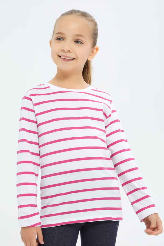 Redtag-Girls-Pink-Stripe-Tee-Category:T-Shirts,-Colour:Apricot,-Deals:New-In,-Dept:Girls,-Filter:Girls-(2-to-8-Yrs),-GIR-T-Shirts,-New-In-GIR-APL,-Non-Sale,-S23A,-Section:Girls-(0-to-14Yrs),-TBL-Girls-2 to 8 Years