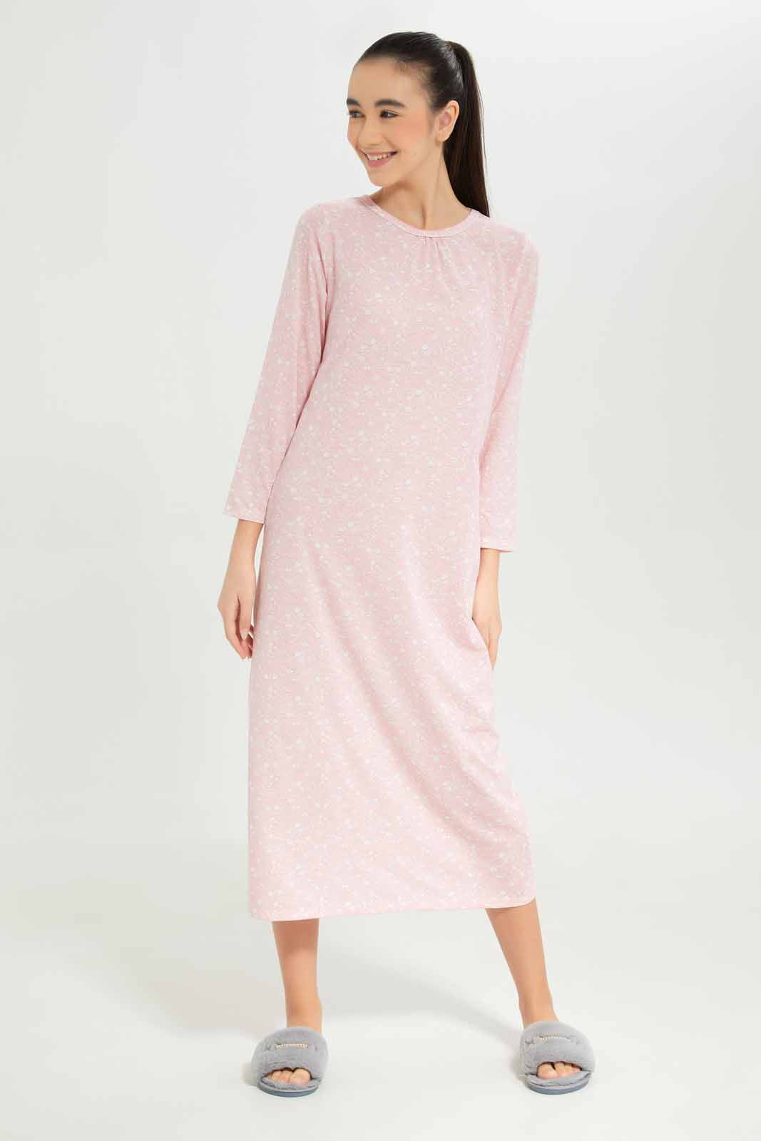 Redtag-Girls-Pink-Floral-Ditsy-Print-Long-Line-Nightdress-Category:Nightshirts,-Colour:Apricot,-Deals:New-In,-Dept:Girls,-Filter:Senior-Girls-(8-to-14-Yrs),-GSR-Nightshirts,-New-In-GSR-APL,-Non-Sale,-S23A,-Section:Girls-(0-to-14Yrs)-Senior-Girls-