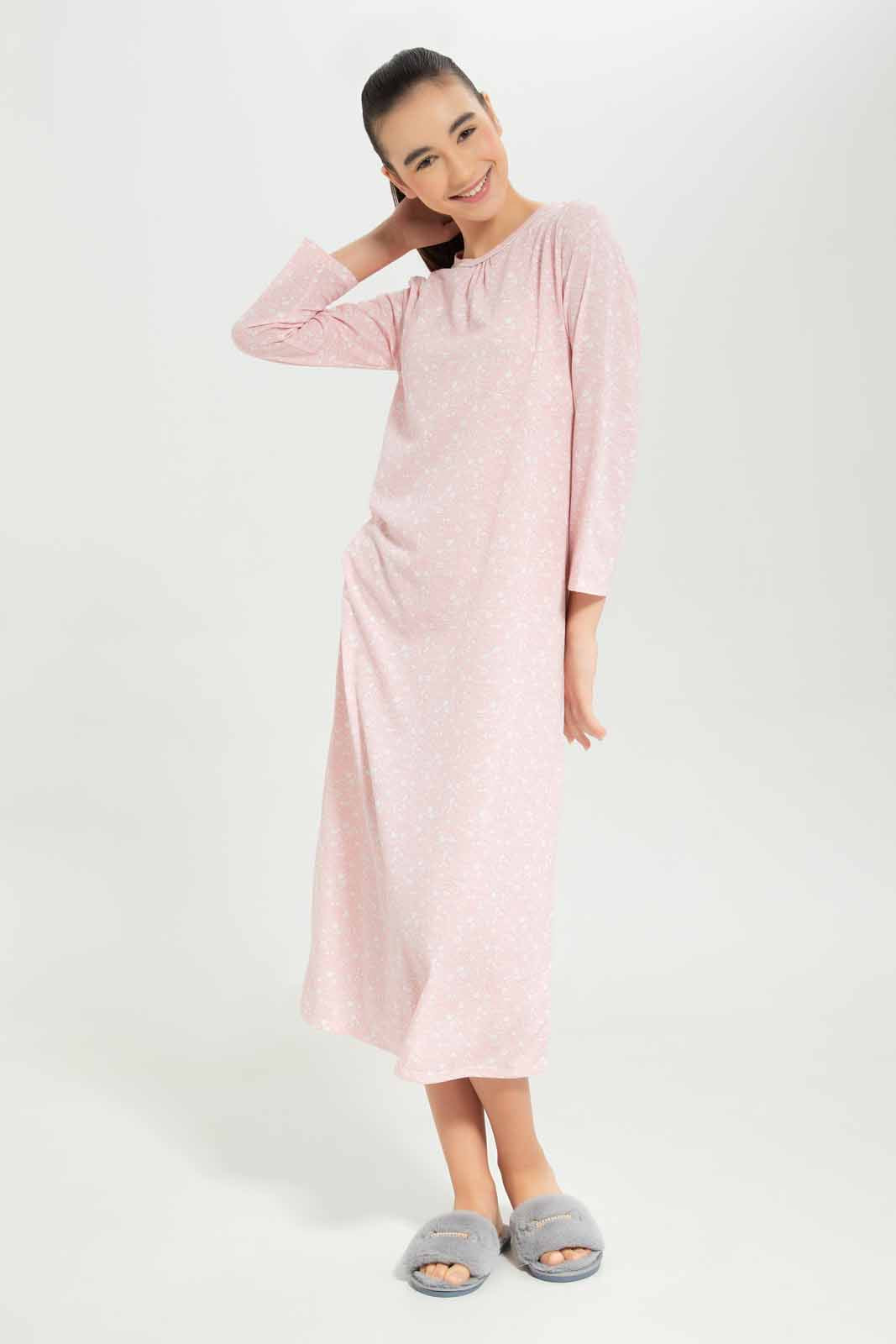 Redtag-Girls-Pink-Floral-Ditsy-Print-Long-Line-Nightdress-Category:Nightshirts,-Colour:Apricot,-Deals:New-In,-Dept:Girls,-Filter:Senior-Girls-(8-to-14-Yrs),-GSR-Nightshirts,-New-In-GSR-APL,-Non-Sale,-S23A,-Section:Girls-(0-to-14Yrs)-Senior-Girls-