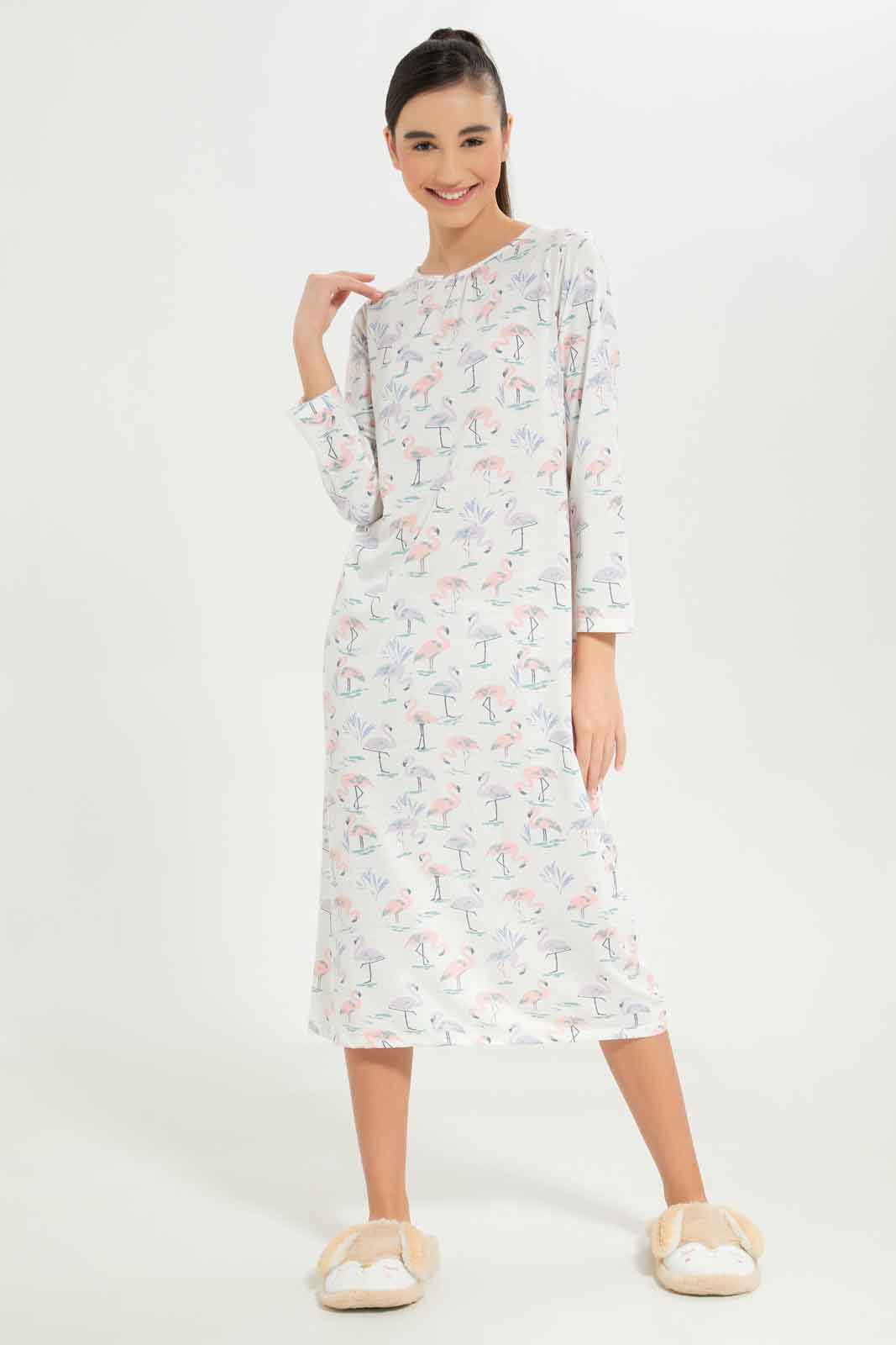 Redtag-Girls-White-Flamingo-Long-Line-Nightdress-Category:Nightshirts,-Colour:White,-Deals:New-In,-Dept:Girls,-Filter:Senior-Girls-(8-to-14-Yrs),-GSR-Nightshirts,-New-In-GSR-APL,-Non-Sale,-S23A,-Section:Girls-(0-to-14Yrs)-Senior-Girls-9 to 14 Years