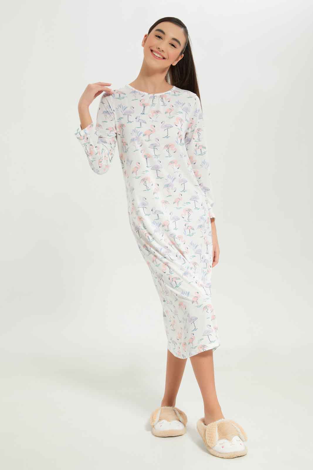 Redtag-Girls-White-Flamingo-Long-Line-Nightdress-Category:Nightshirts,-Colour:White,-Deals:New-In,-Dept:Girls,-Filter:Senior-Girls-(8-to-14-Yrs),-GSR-Nightshirts,-New-In-GSR-APL,-Non-Sale,-S23A,-Section:Girls-(0-to-14Yrs)-Senior-Girls-9 to 14 Years
