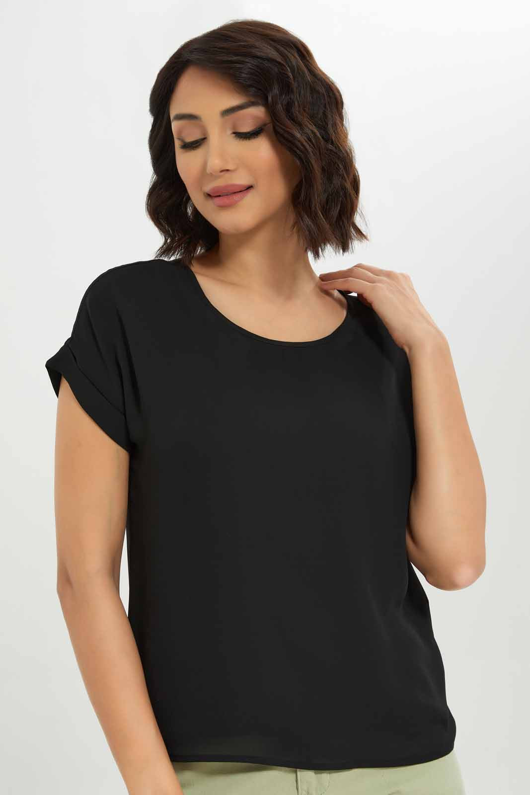 Redtag-Women-Black-Epp-Woven-Tee-Category:Blouses,-Colour:Black,-Deals:New-In,-Dept:Ladieswear,-Filter:Women's-Clothing,-New-In-Women-APL,-Non-Sale,-S23A,-Section:Women,-Women-Blouses-Women's-