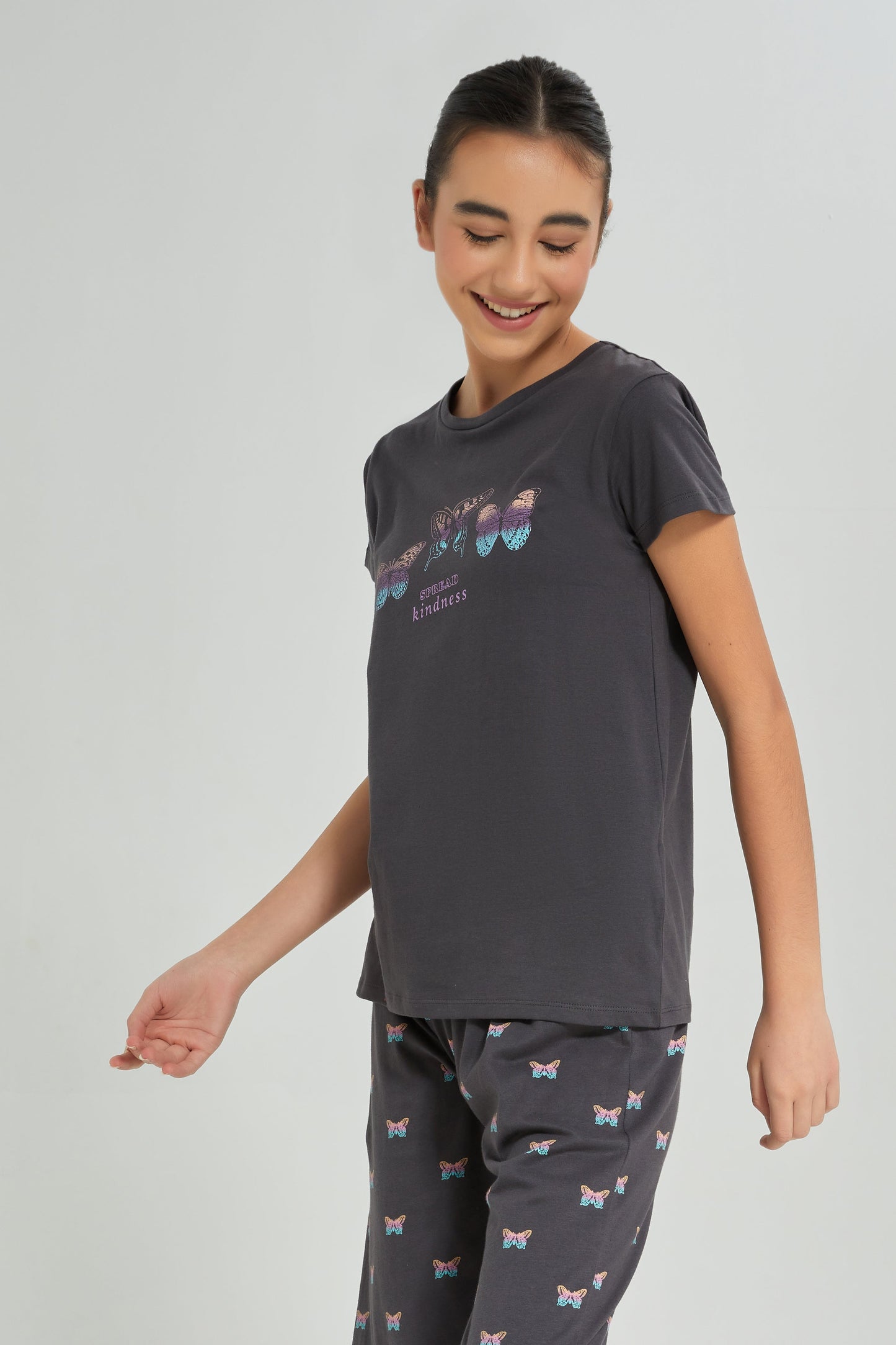 Senior Girls Charcoal Butterfly Print Pyjama Set (2 Piece)