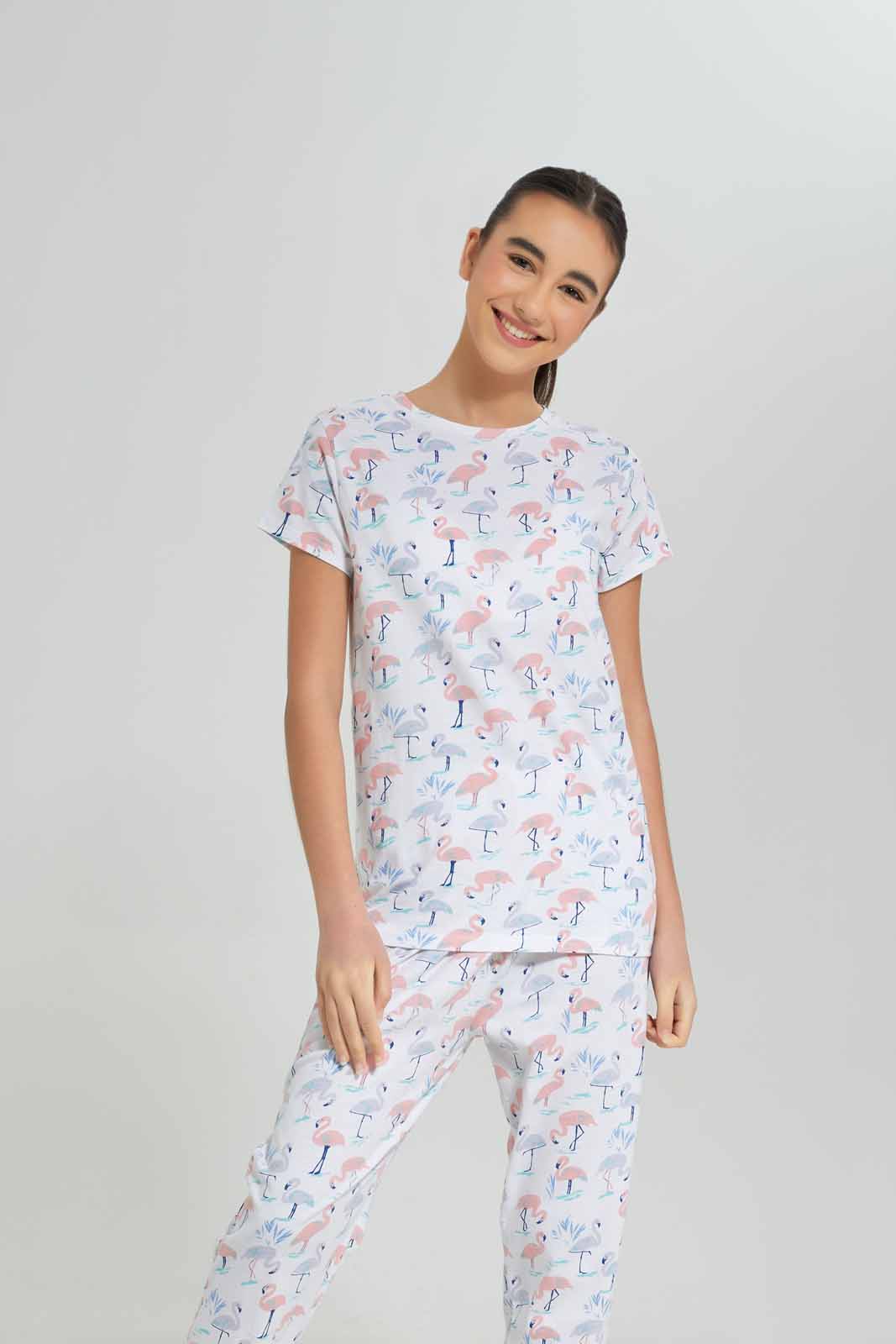 Redtag-Girls-White-Flamingo-Pajama-Sets-Category:Pyjama-Sets,-Colour:White,-Deals:New-In,-Dept:Girls,-Filter:Senior-Girls-(8-to-14-Yrs),-GSR-Pyjama-Sets,-New-In-GSR-APL,-Non-Sale,-S23A,-Section:Girls-(0-to-14Yrs)-Senior-Girls-9 to 14 Years