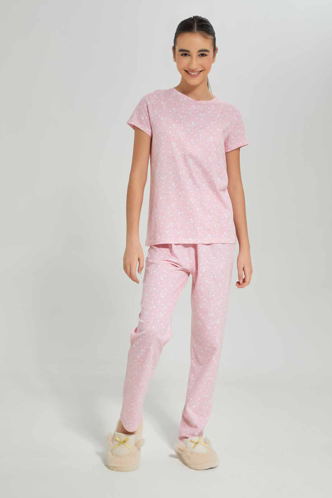 Redtag-Girls-Pink-Ditsy-Print-Pajama-Sets-Category:Pyjama-Sets,-Colour:Apricot,-Deals:New-In,-Dept:Girls,-Filter:Senior-Girls-(8-to-14-Yrs),-GSR-Pyjama-Sets,-New-In-GSR-APL,-Non-Sale,-S23A,-Section:Girls-(0-to-14Yrs)-Senior-Girls-9 to 14 Years