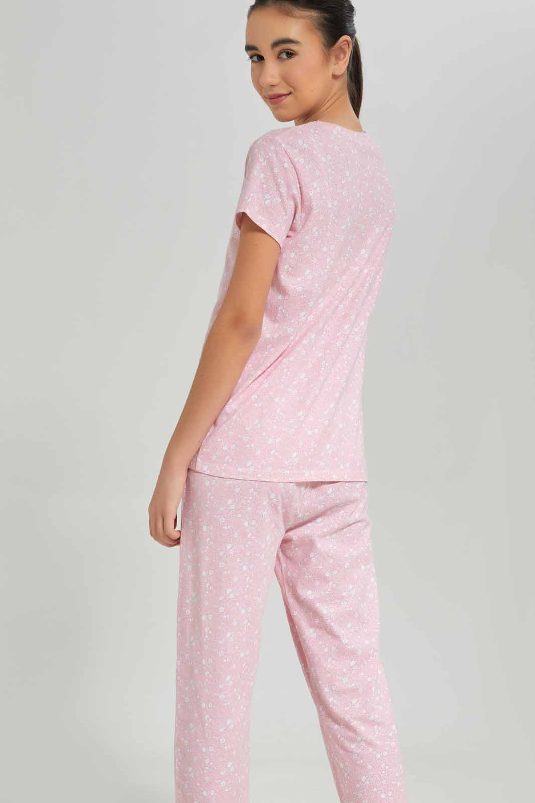 Redtag-Girls-Pink-Ditsy-Print-Pajama-Sets-Category:Pyjama-Sets,-Colour:Apricot,-Deals:New-In,-Dept:Girls,-Filter:Senior-Girls-(8-to-14-Yrs),-GSR-Pyjama-Sets,-New-In-GSR-APL,-Non-Sale,-S23A,-Section:Girls-(0-to-14Yrs)-Senior-Girls-9 to 14 Years