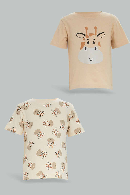 Redtag-Boys-2-Pack-Stone-Giraffe-And-Rust-Aop-Short-Slv-Tshirt-Category:T-Shirts,-Colour:Brown,-Deals:New-In,-Dept:Boys,-Filter:Infant-Boys-(3-to-24-Mths),-INB-T-Shirts,-New-In-INB-APL,-Non-Sale,-S23A,-Section:Boys-(0-to-14Yrs)-Infant-Boys-3 to 24 Months