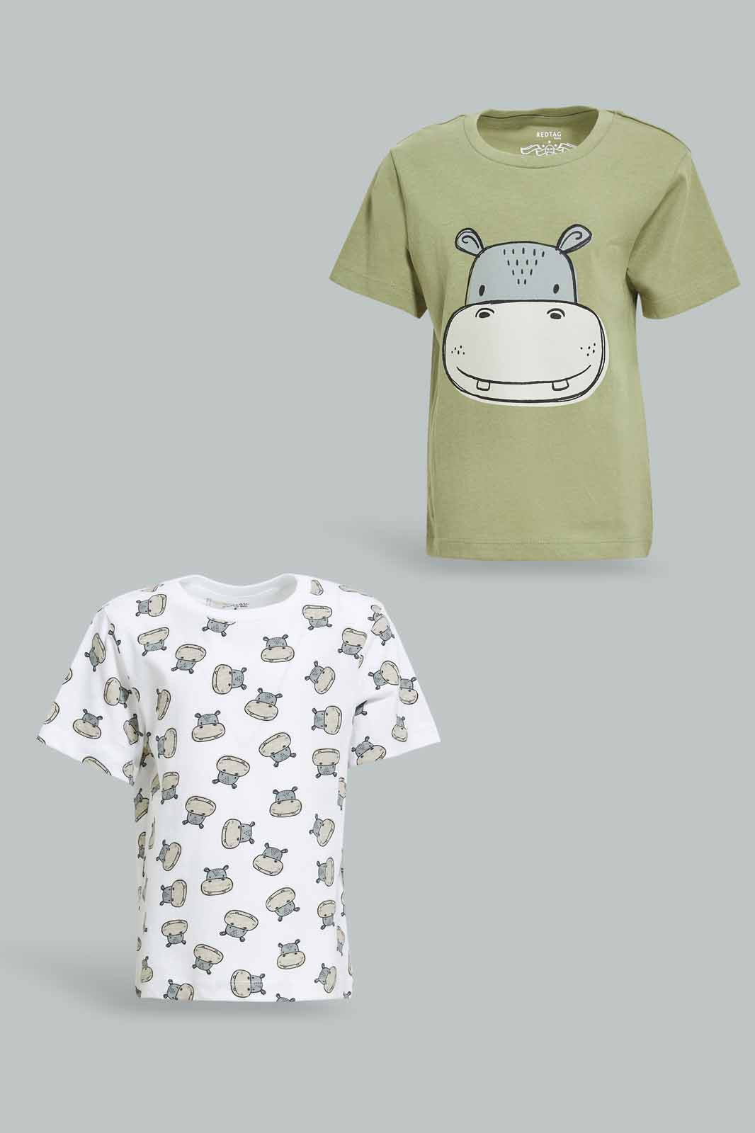 Redtag-Boys-2-Pack-Khaki-Hippo-And-Cream-Aop-Short-Slv-Tshirt-Category:T-Shirts,-Colour:Cream,-Deals:New-In,-Dept:Boys,-Filter:Infant-Boys-(3-to-24-Mths),-INB-T-Shirts,-New-In-INB-APL,-Non-Sale,-S23A,-Section:Boys-(0-to-14Yrs)-Infant-Boys-3 to 24 Months