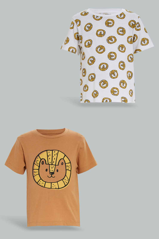 Redtag-Boys-2-Pack-Brown-Lion-And-Whiteaop-Short-Slv-Tshirt-Category:T-Shirts,-Colour:Brown,-Deals:New-In,-Dept:Boys,-Filter:Infant-Boys-(3-to-24-Mths),-INB-T-Shirts,-New-In-INB-APL,-Non-Sale,-S23A,-Section:Boys-(0-to-14Yrs)-Infant-Boys-3 to 24 Months