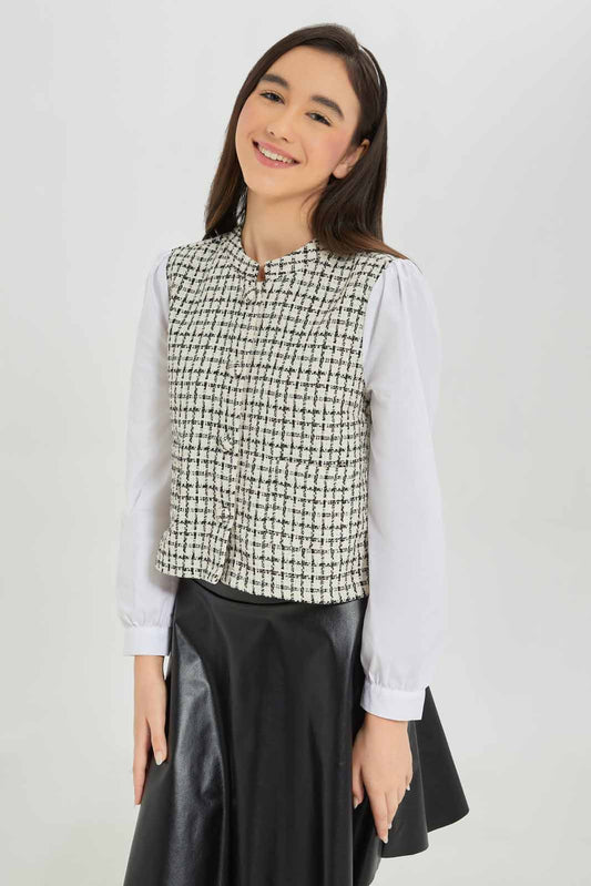 Redtag-Girls-Black/White-Shacket-Category:Blouses,-Colour:White,-Deals:New-In,-Dept:Girls,-Filter:Senior-Girls-(8-to-14-Yrs),-GSR-Blouses,-New-In-GSR-APL,-Non-Sale,-S23A,-Section:Girls-(0-to-14Yrs)-Senior-Girls-9 to 14 Years