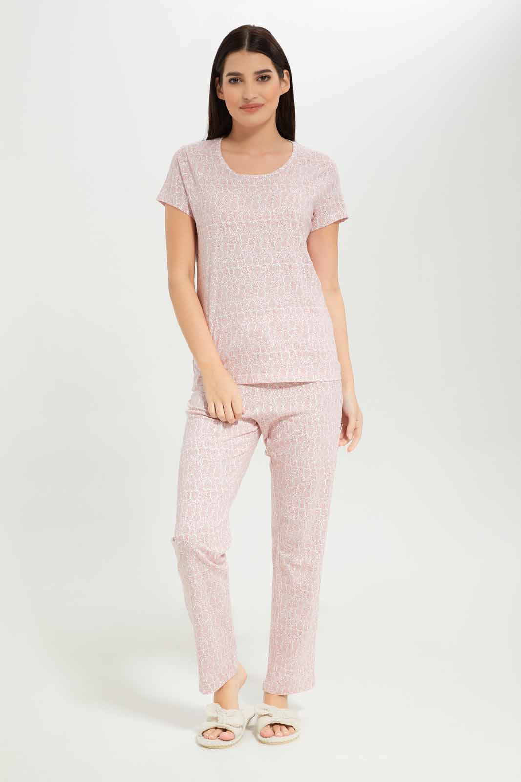 Redtag-Women-Pink-Color-Aop-Short-Sleeves-Pajama-Set-Category:Pyjama-Sets,-Colour:Apricot,-Deals:New-In,-Dept:Ladieswear,-Filter:Women's-Clothing,-New-In-Women-APL,-Non-Sale,-S23A,-Section:Women,-TBL,-Women-Pyjama-Sets--