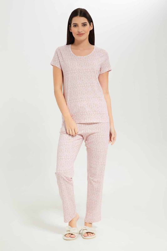 Redtag-Women-Pink-Color-Aop-Short-Sleeves-Pajama-Set-Category:Pyjama-Sets,-Colour:Apricot,-Deals:New-In,-Dept:Ladieswear,-Filter:Women's-Clothing,-New-In-Women-APL,-Non-Sale,-S23A,-Section:Women,-TBL,-Women-Pyjama-Sets--