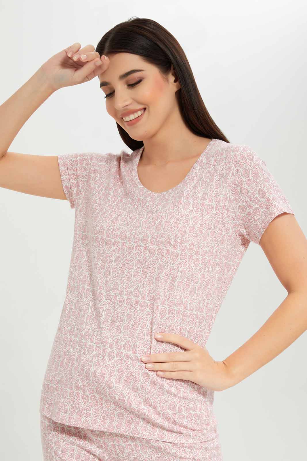 Redtag-Women-Pink-Color-Aop-Short-Sleeves-Pajama-Set-Category:Pyjama-Sets,-Colour:Apricot,-Deals:New-In,-Dept:Ladieswear,-Filter:Women's-Clothing,-New-In-Women-APL,-Non-Sale,-S23A,-Section:Women,-TBL,-Women-Pyjama-Sets--