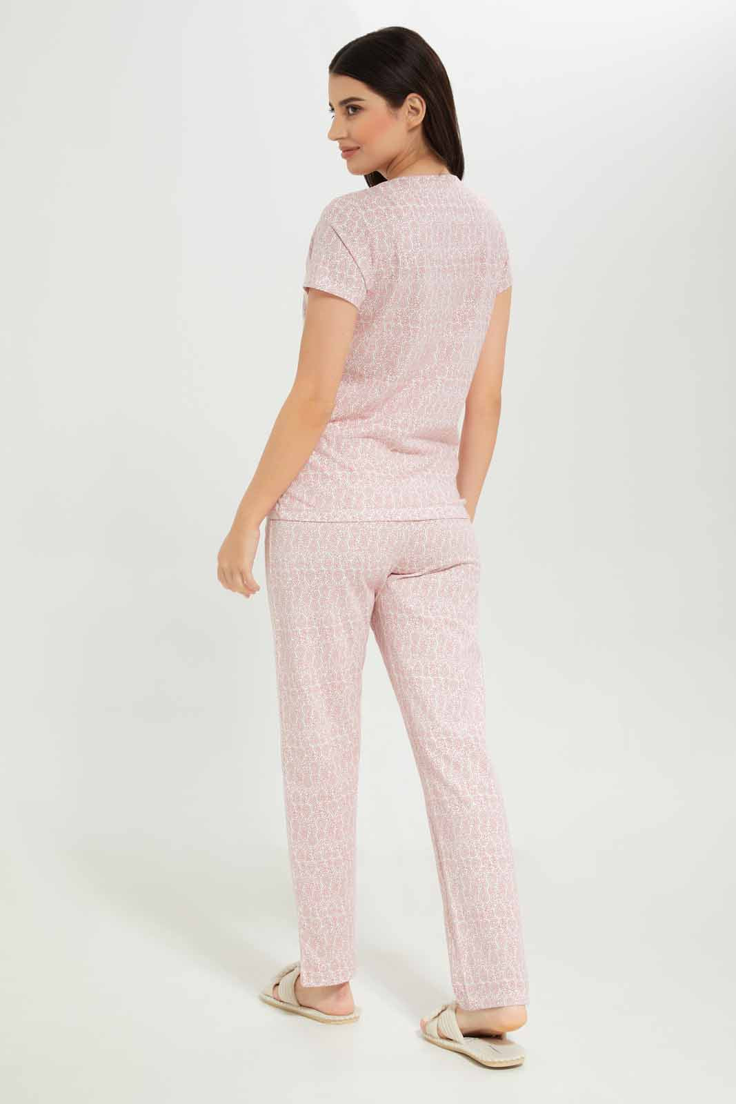 Redtag-Women-Pink-Color-Aop-Short-Sleeves-Pajama-Set-Category:Pyjama-Sets,-Colour:Apricot,-Deals:New-In,-Dept:Ladieswear,-Filter:Women's-Clothing,-New-In-Women-APL,-Non-Sale,-S23A,-Section:Women,-TBL,-Women-Pyjama-Sets--