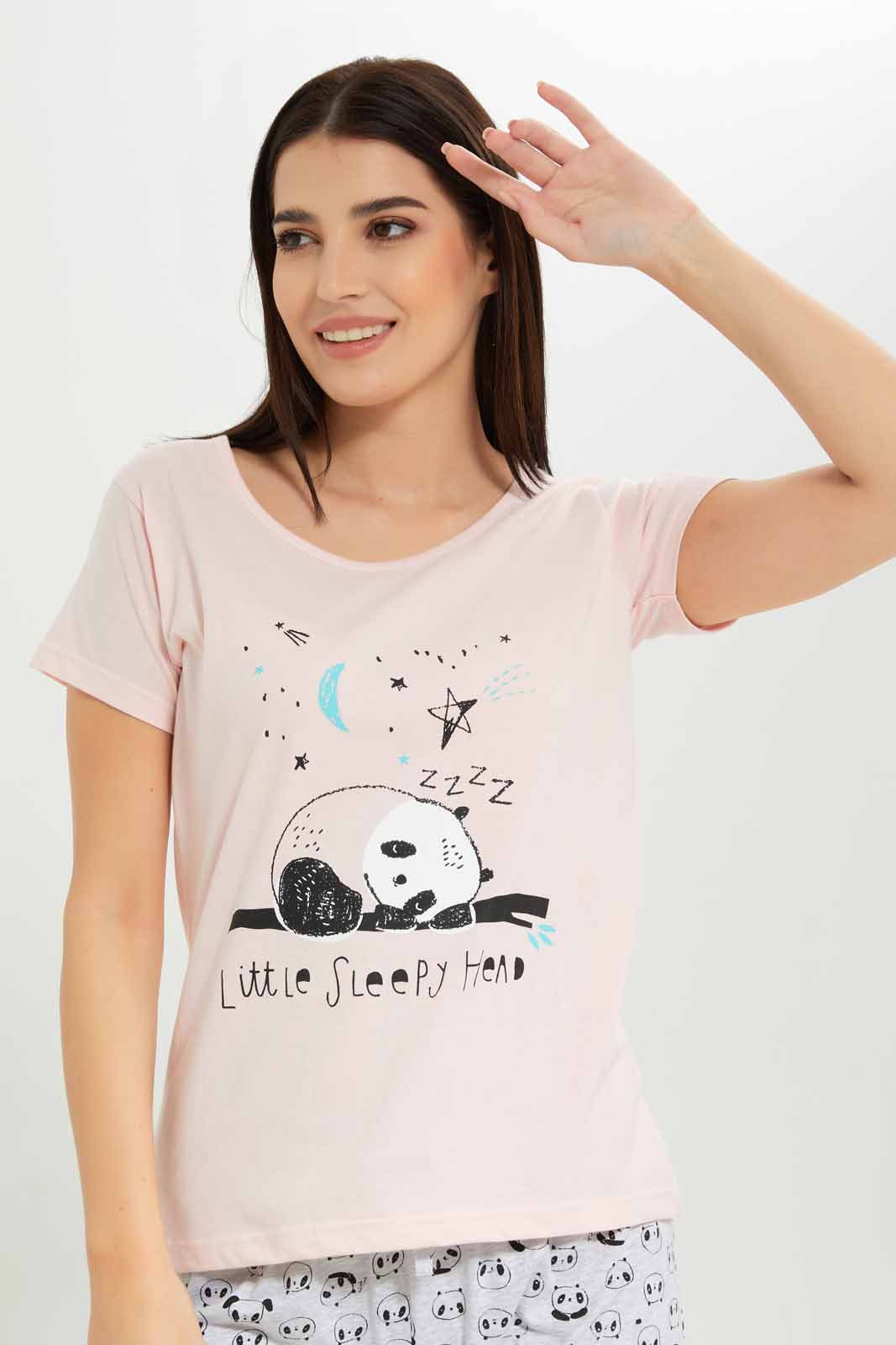 Redtag-Women-Pink-Color-Short-Aop-Bottom-Sleeves-Pajama-Set-Category:Pyjama-Sets,-Colour:Apricot,-Deals:New-In,-Dept:Ladieswear,-Filter:Women's-Clothing,-New-In-Women-APL,-Non-Sale,-S23A,-Section:Women,-TBL,-Women-Pyjama-Sets--