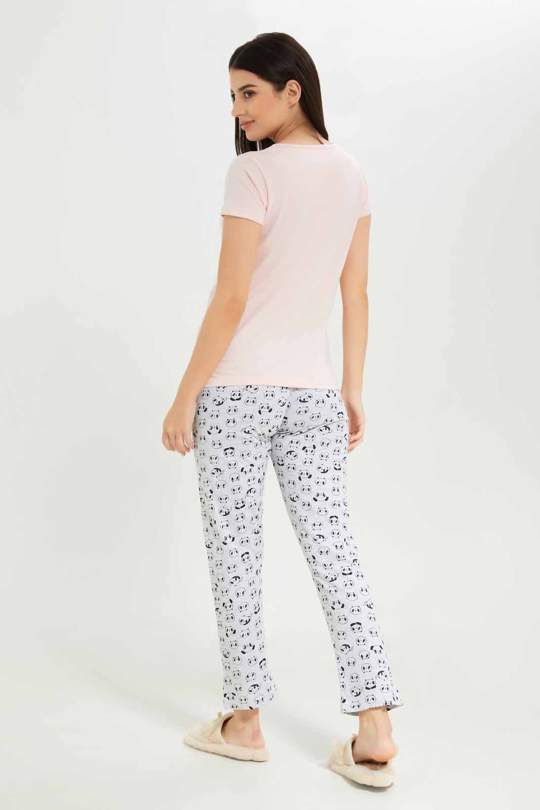 Redtag-Women-Pink-Color-Short-Aop-Bottom-Sleeves-Pajama-Set-Category:Pyjama-Sets,-Colour:Apricot,-Deals:New-In,-Dept:Ladieswear,-Filter:Women's-Clothing,-New-In-Women-APL,-Non-Sale,-S23A,-Section:Women,-TBL,-Women-Pyjama-Sets--
