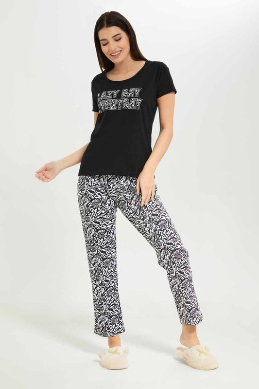 Redtag-Women-Black-Color-Aop-Bottom-Pajama-Set-Category:Pyjama-Sets,-Colour:Black,-Deals:New-In,-Dept:Ladieswear,-Filter:Women's-Clothing,-New-In-Women-APL,-Non-Sale,-S23A,-Section:Women,-TBL,-Women-Pyjama-Sets--