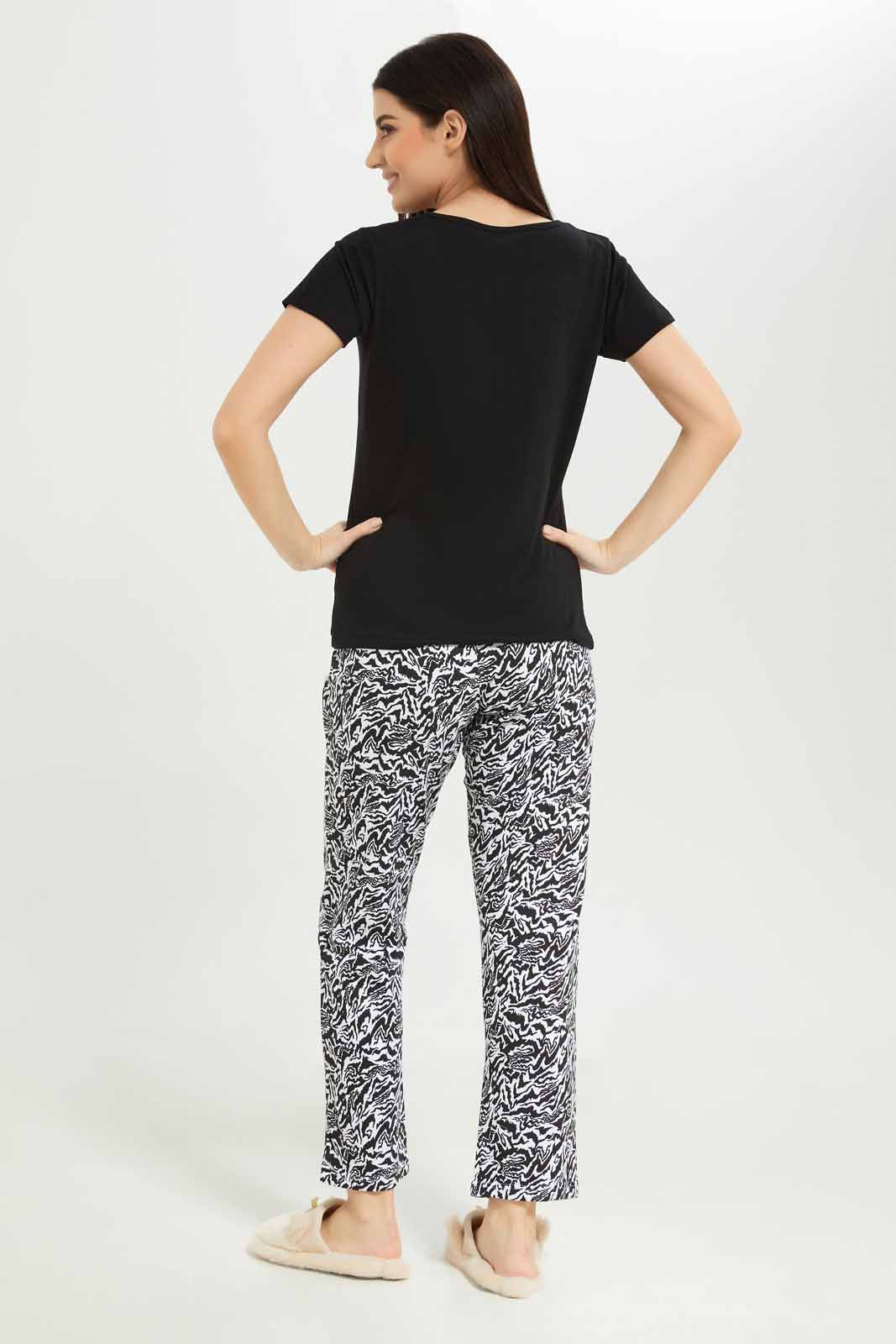 Redtag-Women-Black-Color-Aop-Bottom-Pajama-Set-Category:Pyjama-Sets,-Colour:Black,-Deals:New-In,-Dept:Ladieswear,-Filter:Women's-Clothing,-New-In-Women-APL,-Non-Sale,-S23A,-Section:Women,-TBL,-Women-Pyjama-Sets--