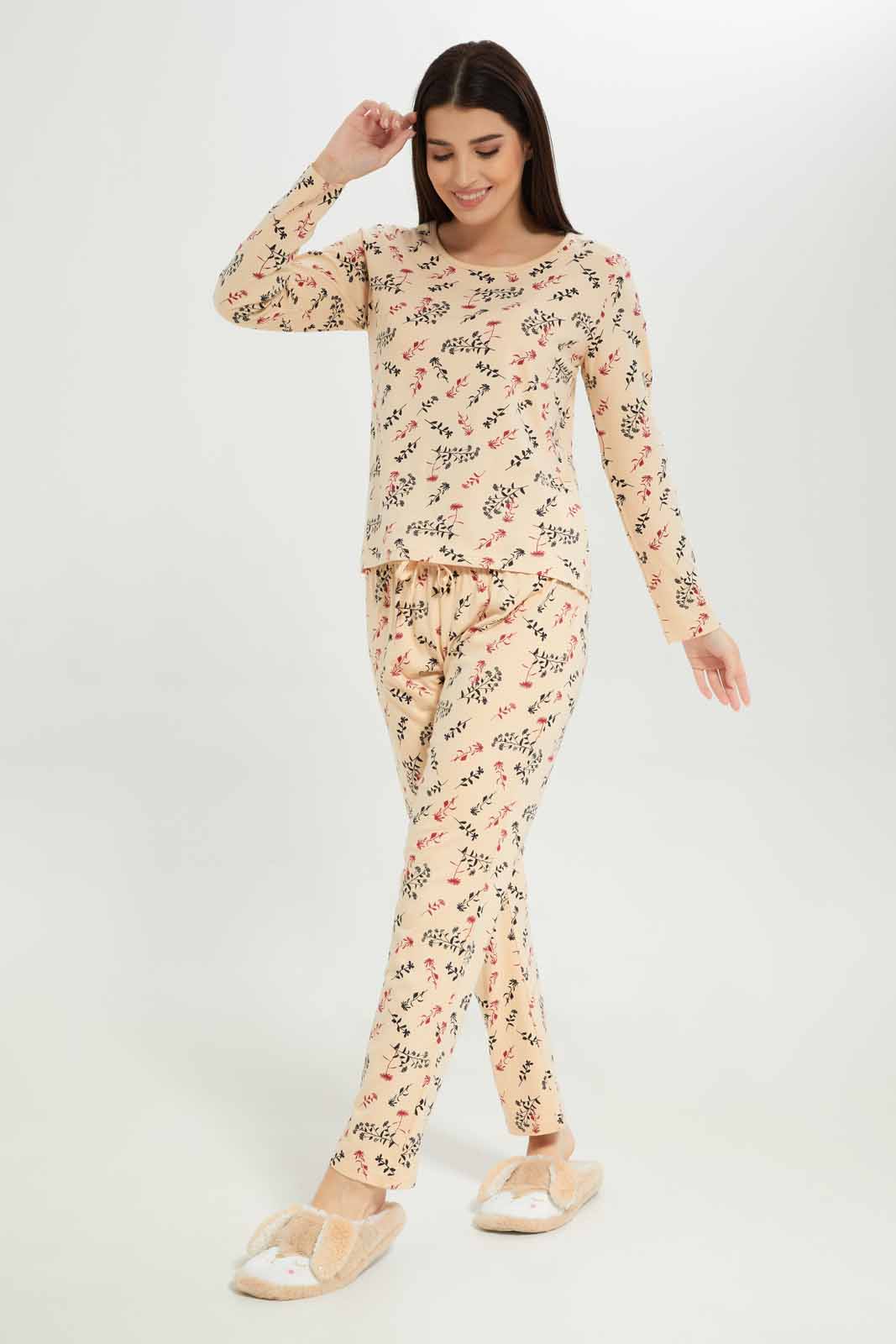 Redtag-Women-Beige-Color-Aop-Short-Sleeves-Pajama-Set-Category:Pyjama-Sets,-Colour:Beige,-Deals:New-In,-Dept:Ladieswear,-Filter:Women's-Clothing,-New-In-Women-APL,-Non-Sale,-S23A,-Section:Women,-TBL,-Women-Pyjama-Sets--