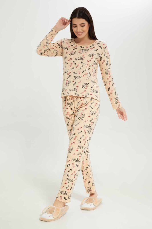 Redtag-Women-Beige-Color-Aop-Short-Sleeves-Pajama-Set-Category:Pyjama-Sets,-Colour:Beige,-Deals:New-In,-Dept:Ladieswear,-Filter:Women's-Clothing,-New-In-Women-APL,-Non-Sale,-S23A,-Section:Women,-TBL,-Women-Pyjama-Sets--