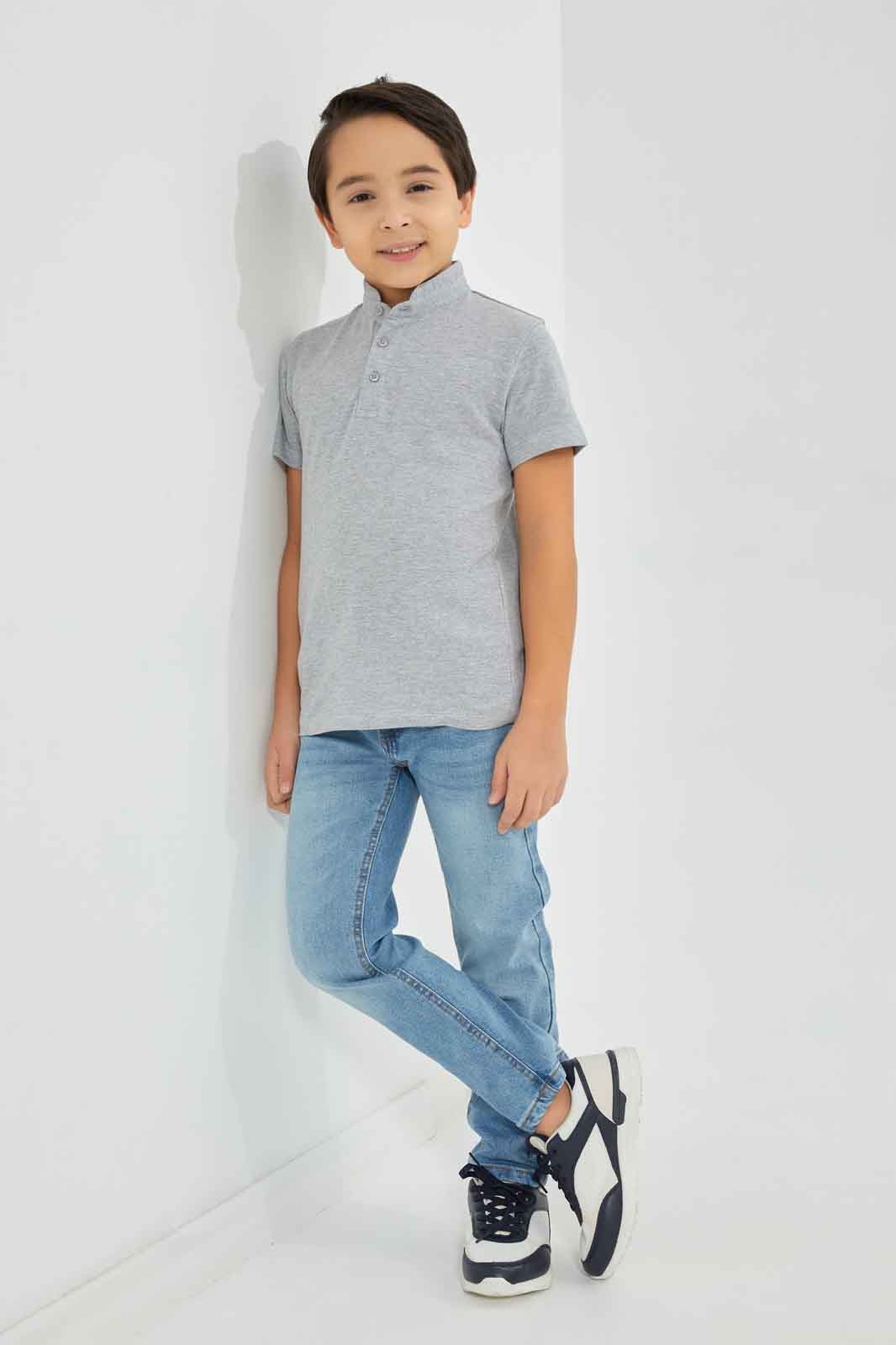 Redtag-Boys-Grey-Stand-Up-Collar-Polo-Shirt-BOY-Polo-T-Shirts,-Category:Polo-T-Shirts,-Colour:Grey,-Deals:New-In,-Dept:Boys,-Filter:Boys-(2-to-8-Yrs),-New-In-BOY-APL,-Non-Sale,-S23A,-Section:Boys-(0-to-14Yrs),-VLM-Boys-2 to 8 Years