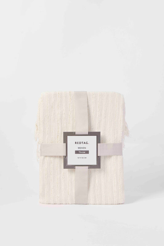 Redtag-Ivory/Gold-Textured-Stripe-Throw-With-Fringes-Category:Throws,-Colour:Ivory,-Deals:New-In,-Dept:Home,-Filter:Home-Bedroom,-HMW-BED-Throws,-New-In-HMW-BED,-Non-Sale,-S23A,-Section:Homewares-Home-Bedroom-