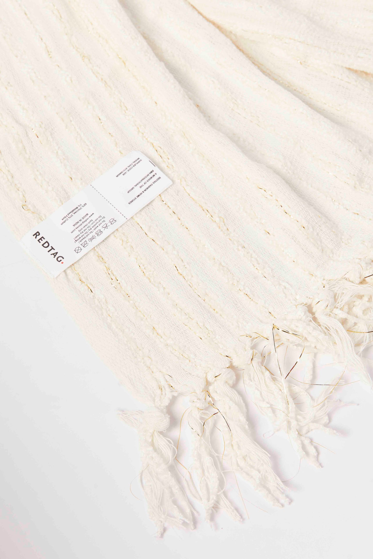 Redtag-Ivory/Gold-Textured-Stripe-Throw-With-Fringes-Category:Throws,-Colour:Ivory,-Deals:New-In,-Dept:Home,-Filter:Home-Bedroom,-HMW-BED-Throws,-New-In-HMW-BED,-Non-Sale,-S23A,-Section:Homewares-Home-Bedroom-