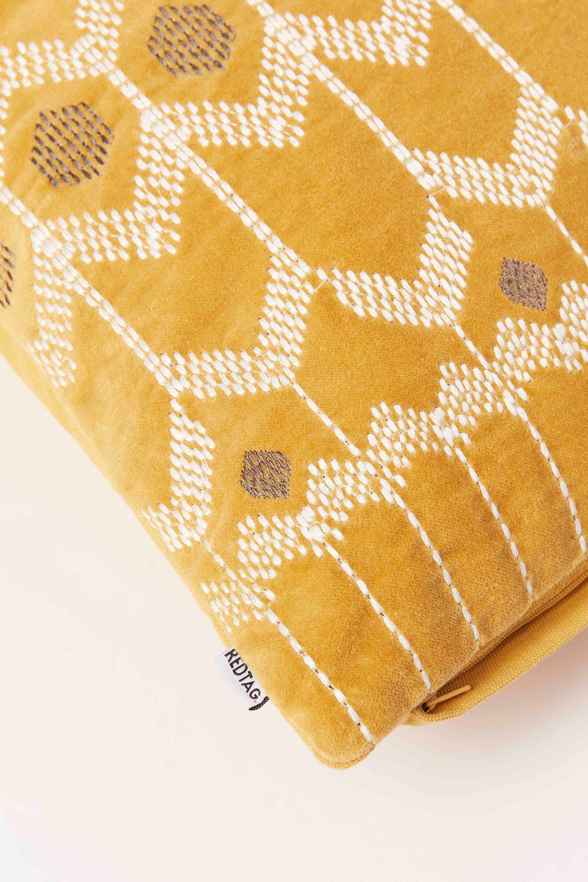 Redtag-Mustard-Geometric-Embroidery-Cushion-Category:Cushions,-Colour:Mustard,-Deals:New-In,-Dept:Home,-Filter:Home-Bedroom,-HMW-BED-Cushions,-New-In-HMW-BED,-Non-Sale,-S23A,-Section:Homewares-Home-Bedroom-