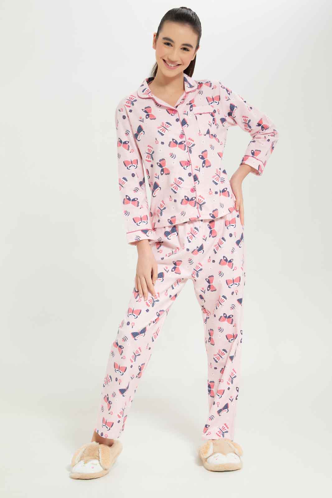 Redtag-Girls-Pink-Butterfly-Flannel-Shirt-2FOR89,-Category:Pyjama-Sets,-Colour:Apricot,-Deals:2-FOR-89,-Deals:New-In,-Dept:Girls,-Filter:Senior-Girls-(8-to-14-Yrs),-GSR-Pyjama-Sets,-New-In-GSR-APL,-Non-Sale,-S23A,-Section:Girls-(0-to-14Yrs)-Senior-Girls-9 to 14 Years