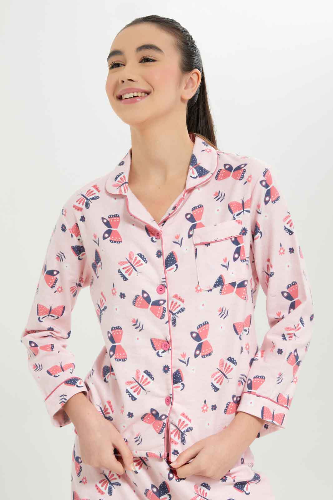 Redtag-Girls-Pink-Butterfly-Flannel-Shirt-2FOR89,-Category:Pyjama-Sets,-Colour:Apricot,-Deals:2-FOR-89,-Deals:New-In,-Dept:Girls,-Filter:Senior-Girls-(8-to-14-Yrs),-GSR-Pyjama-Sets,-New-In-GSR-APL,-Non-Sale,-S23A,-Section:Girls-(0-to-14Yrs)-Senior-Girls-9 to 14 Years