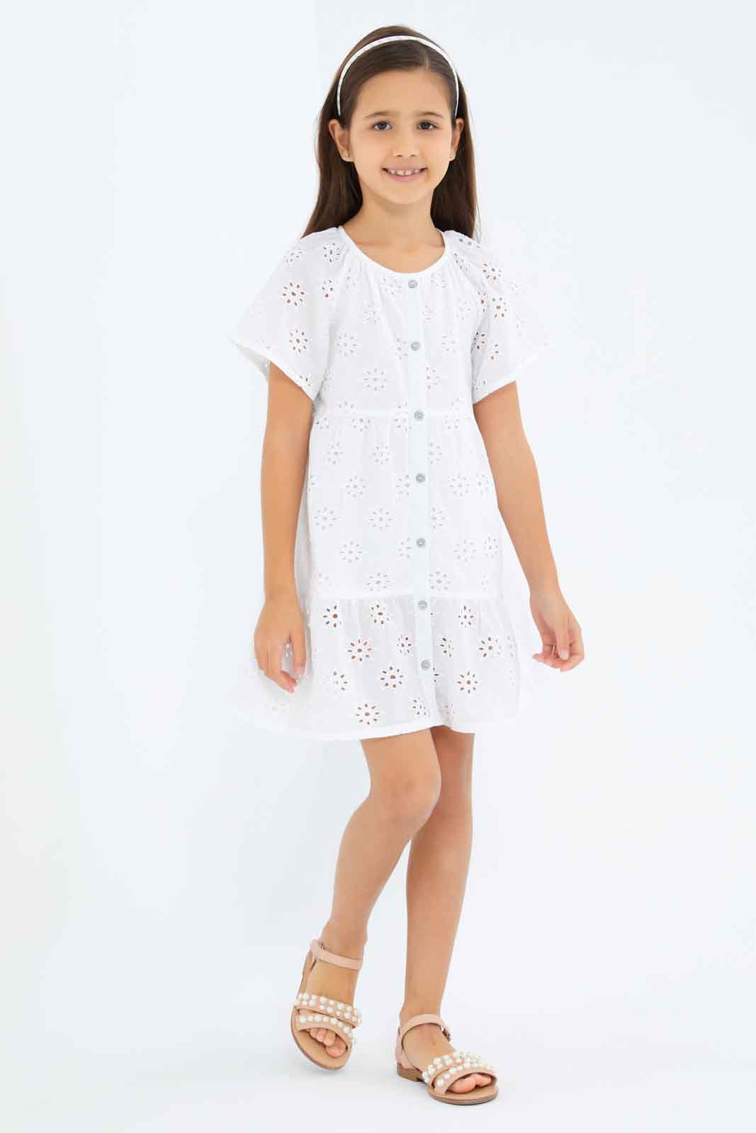 Redtag-Girls-White-Anglaise-Button-Through-Dress-Category:Dresses,-Colour:White,-Deals:New-In,-Dept:Girls,-Filter:Girls-(2-to-8-Yrs),-GIR-Dresses,-New-In-GIR-APL,-Non-Sale,-S23A,-Section:Girls-(0-to-14Yrs)-Girls-2 to 8 Years