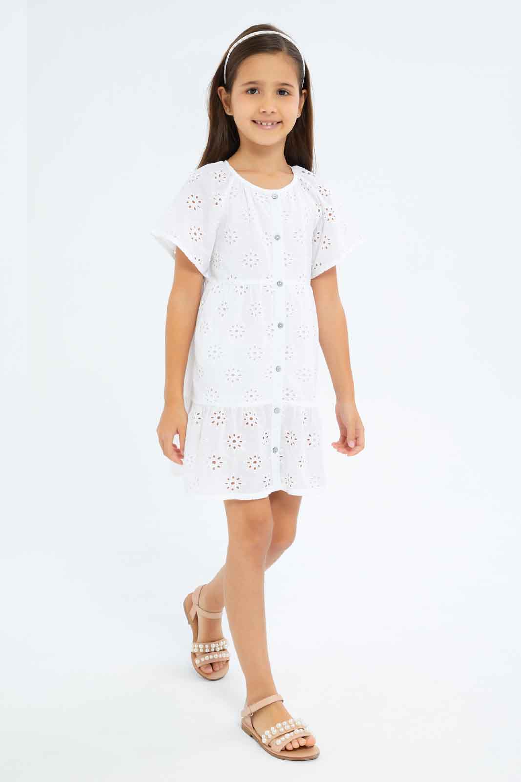 Redtag-Girls-White-Anglaise-Button-Through-Dress-Category:Dresses,-Colour:White,-Deals:New-In,-Dept:Girls,-Filter:Girls-(2-to-8-Yrs),-GIR-Dresses,-New-In-GIR-APL,-Non-Sale,-S23A,-Section:Girls-(0-to-14Yrs)-Girls-2 to 8 Years