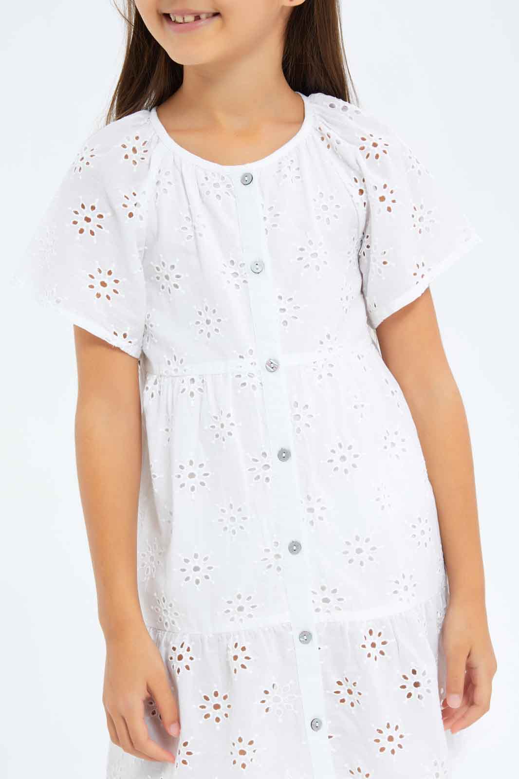 Redtag-Girls-White-Anglaise-Button-Through-Dress-Category:Dresses,-Colour:White,-Deals:New-In,-Dept:Girls,-Filter:Girls-(2-to-8-Yrs),-GIR-Dresses,-New-In-GIR-APL,-Non-Sale,-S23A,-Section:Girls-(0-to-14Yrs)-Girls-2 to 8 Years