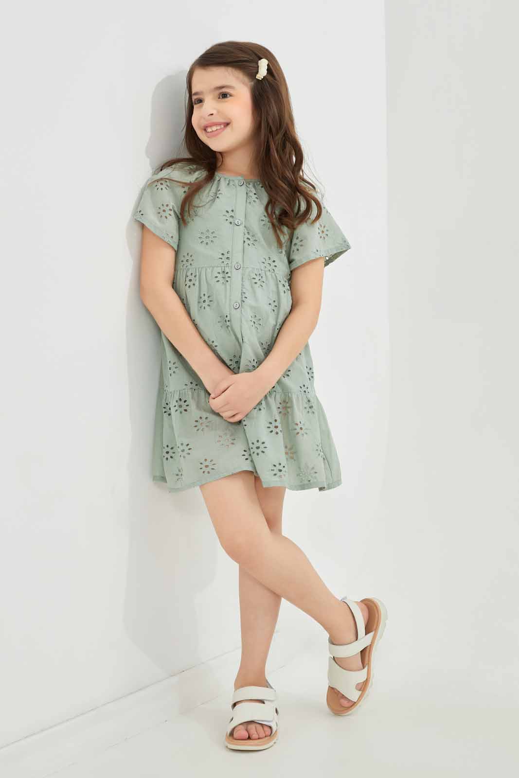Redtag-Girls-Mustard-Anglaise-Button-Through-Dress-Category:Dresses,-Colour:Mustard,-Deals:New-In,-Dept:Girls,-Filter:Girls-(2-to-8-Yrs),-GIR-Dresses,-New-In-GIR-APL,-Non-Sale,-S23A,-Section:Girls-(0-to-14Yrs)-Girls-