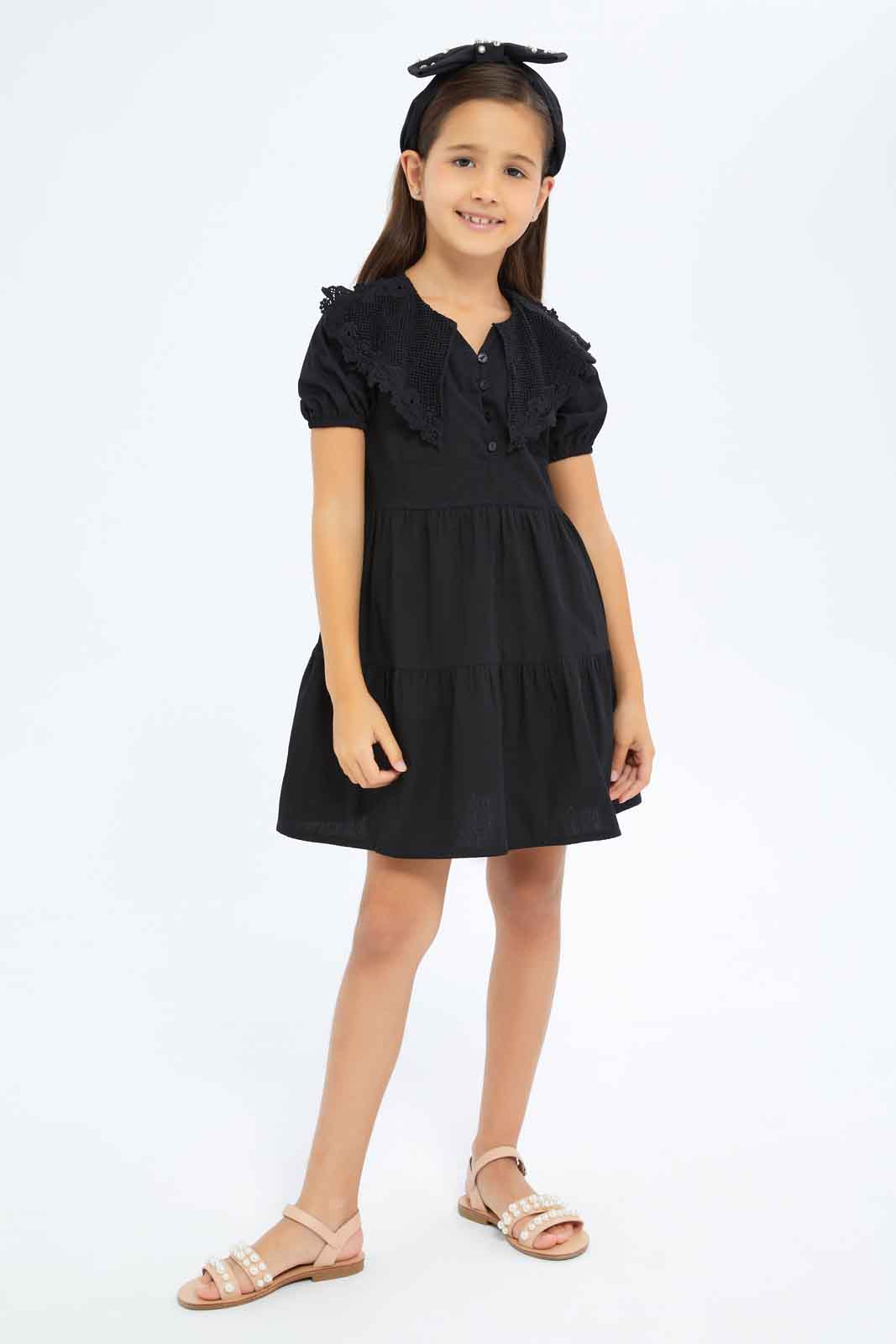 Redtag-Girls-Black-Collared-Poplin-Dress-Category:Dresses,-Colour:Black,-Deals:New-In,-Dept:Girls,-Filter:Girls-(2-to-8-Yrs),-GIR-Dresses,-New-In-GIR-APL,-Non-Sale,-S23A,-Section:Girls-(0-to-14Yrs)-Girls-2 to 8 Years