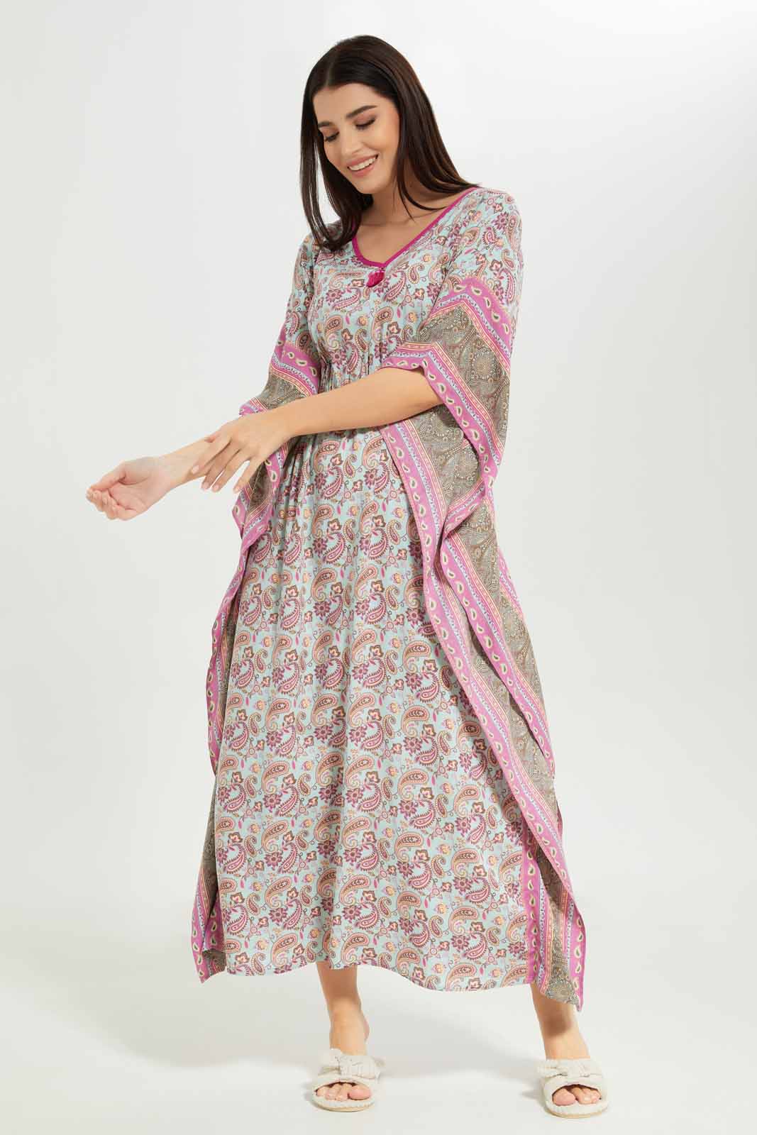 Redtag-Women-Pink-Color-Aop-Kaftan-Nightgown-Category:Nightgowns,-Colour:Apricot,-Deals:New-In,-Dept:Ladieswear,-Filter:Women's-Clothing,-New-In-Women-APL,-Non-Sale,-S23A,-Section:Women,-Women-Nightgowns--