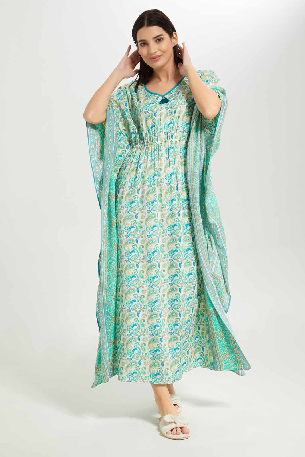 Redtag-Women-Green-Color-Aop-Kaftan-Nightgown-Category:Nightgowns,-Colour:Green,-Deals:New-In,-Dept:Ladieswear,-Filter:Women's-Clothing,-New-In-Women-APL,-Non-Sale,-S23A,-Section:Women,-Women-Nightgowns--
