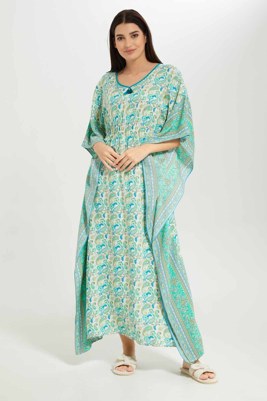 Redtag-Women-Green-Color-Aop-Kaftan-Nightgown-Category:Nightgowns,-Colour:Green,-Deals:New-In,-Dept:Ladieswear,-Filter:Women's-Clothing,-New-In-Women-APL,-Non-Sale,-S23A,-Section:Women,-Women-Nightgowns--