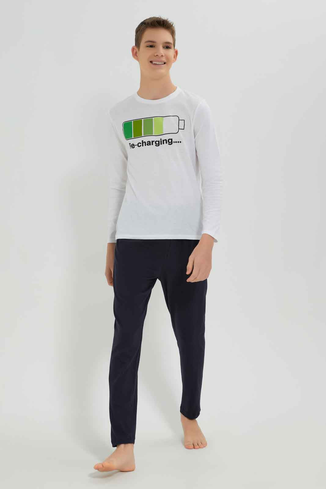 Redtag-Boys-White-Recharging-Nightsuit-BSR-Pyjama-Sets,-Category:Pyjama-Sets,-Colour:White,-Deals:New-In,-Dept:Boys,-Filter:Senior-Boys-(8-to-14-Yrs),-New-In-BSR-APL,-Non-Sale,-S23A,-Section:Boys-(0-to-14Yrs),-VLM-Senior-Boys-9 to 14 Years