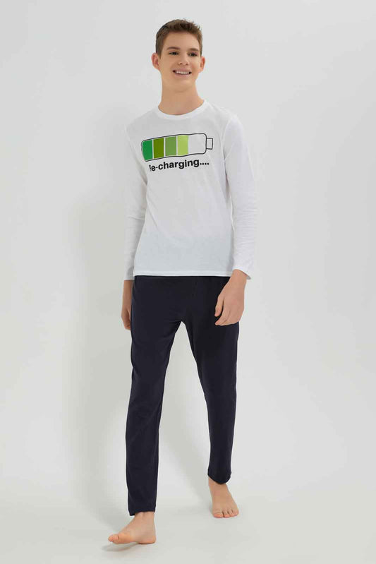 Redtag-Boys-White-Recharging-Nightsuit-BSR-Pyjama-Sets,-Category:Pyjama-Sets,-Colour:White,-Deals:New-In,-Dept:Boys,-Filter:Senior-Boys-(8-to-14-Yrs),-New-In-BSR-APL,-Non-Sale,-S23A,-Section:Boys-(0-to-14Yrs),-VLM-Senior-Boys-9 to 14 Years