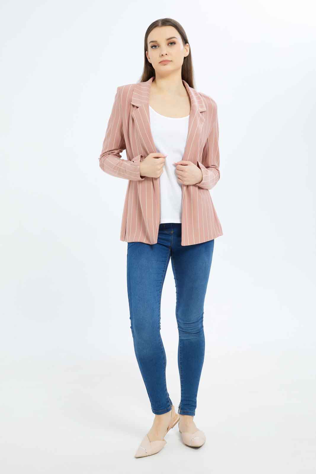 Redtag-Women-Pink-Stripe-Rolled-Up-Sleeve-Jacket-Category:Jackets,-Colour:Apricot,-Deals:New-In,-Dept:Ladieswear,-Filter:Women's-Clothing,-New-In-Women-APL,-Non-Sale,-S23A,-Section:Women,-Women-Jackets-Women's-