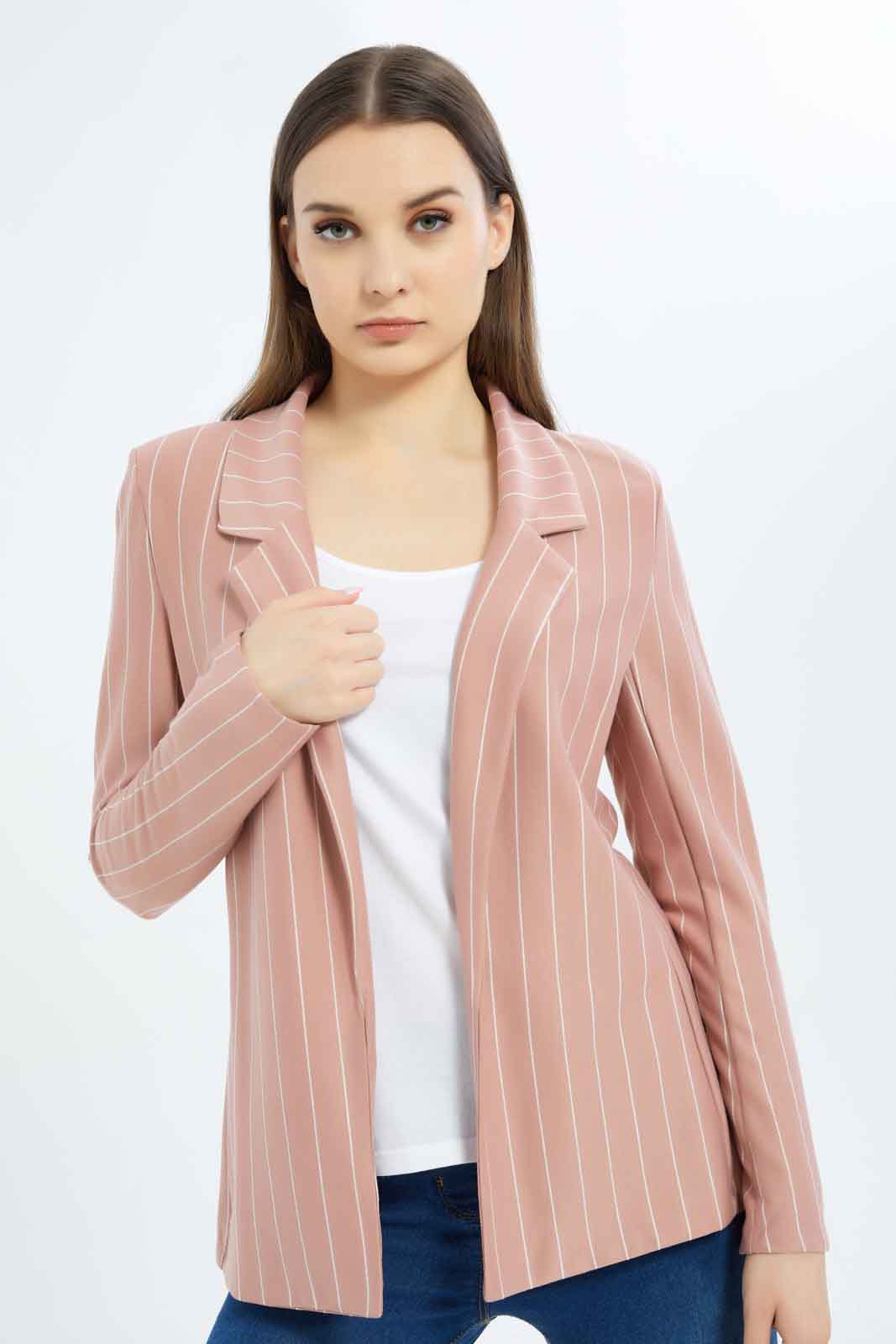 Redtag-Women-Pink-Stripe-Rolled-Up-Sleeve-Jacket-Category:Jackets,-Colour:Apricot,-Deals:New-In,-Dept:Ladieswear,-Filter:Women's-Clothing,-New-In-Women-APL,-Non-Sale,-S23A,-Section:Women,-Women-Jackets-Women's-