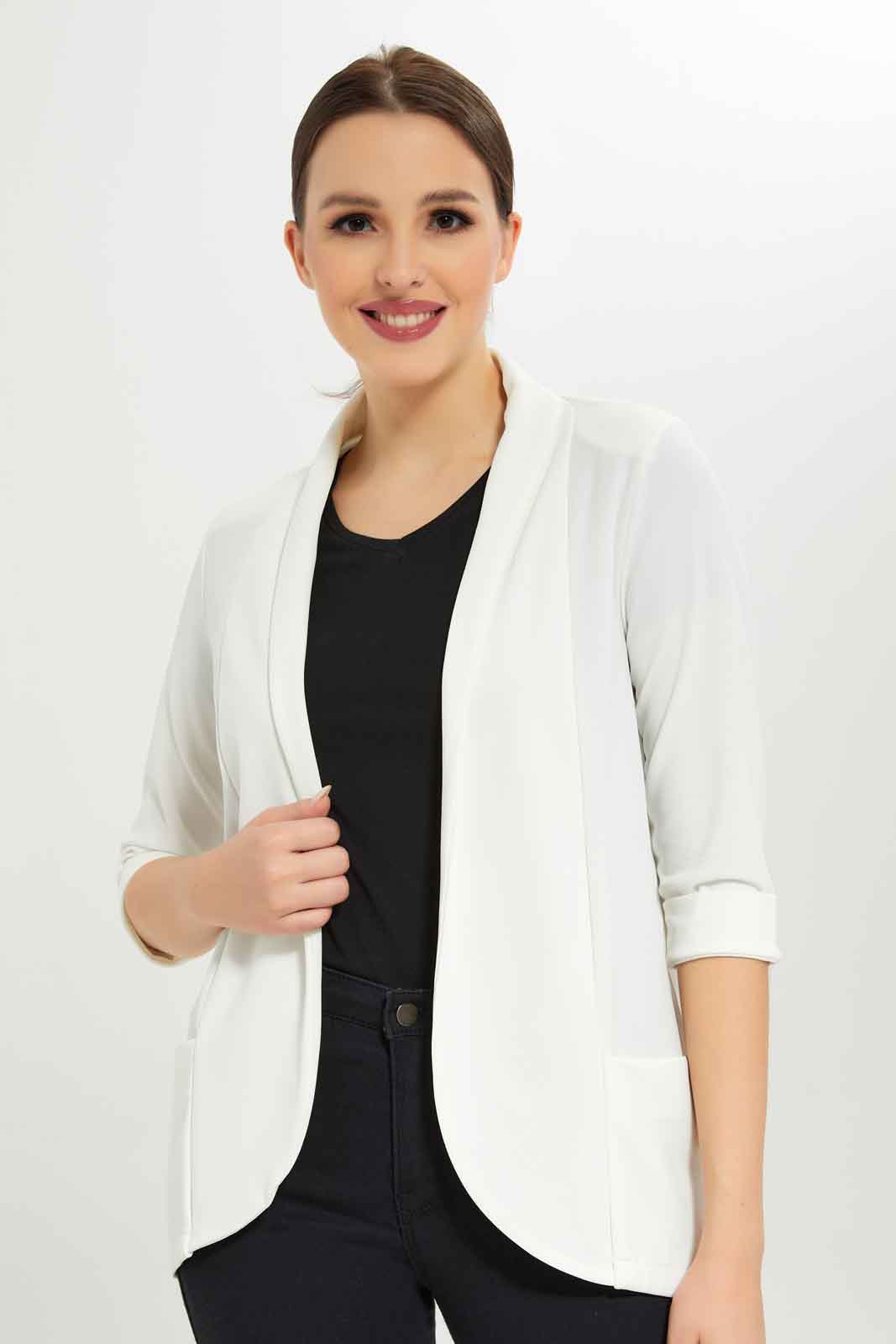 Redtag-Women-White-3/4-Sleeve-Jacket-Category:Jackets,-Colour:White,-Deals:New-In,-Dept:Ladieswear,-Filter:Women's-Clothing,-New-In-Women-APL,-Non-Sale,-S23A,-Section:Women,-Women-Jackets-Women's-