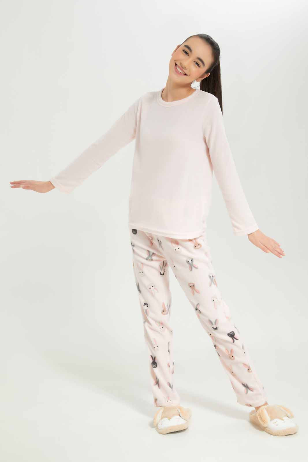 Redtag-Girls-Pink-Microfleece-Sets-Category:Pyjama-Sets,-Colour:Apricot,-Deals:New-In,-Dept:Girls,-Filter:Senior-Girls-(8-to-14-Yrs),-GSR-Pyjama-Sets,-New-In-GSR-APL,-Non-Sale,-S23A,-Section:Girls-(0-to-14Yrs)-Senior-Girls-