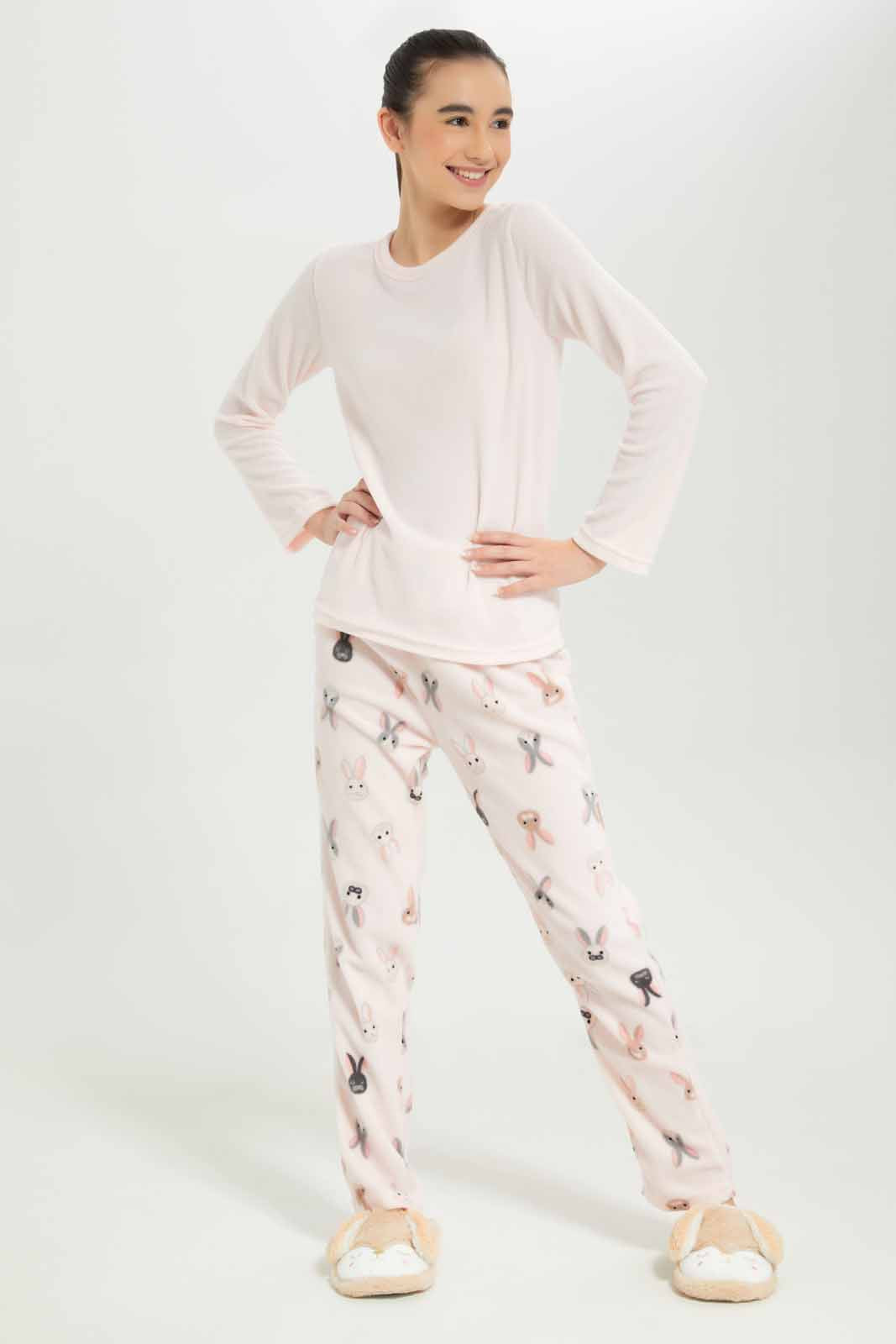 Redtag-Girls-Pink-Microfleece-Sets-Category:Pyjama-Sets,-Colour:Apricot,-Deals:New-In,-Dept:Girls,-Filter:Senior-Girls-(8-to-14-Yrs),-GSR-Pyjama-Sets,-New-In-GSR-APL,-Non-Sale,-S23A,-Section:Girls-(0-to-14Yrs)-Senior-Girls-